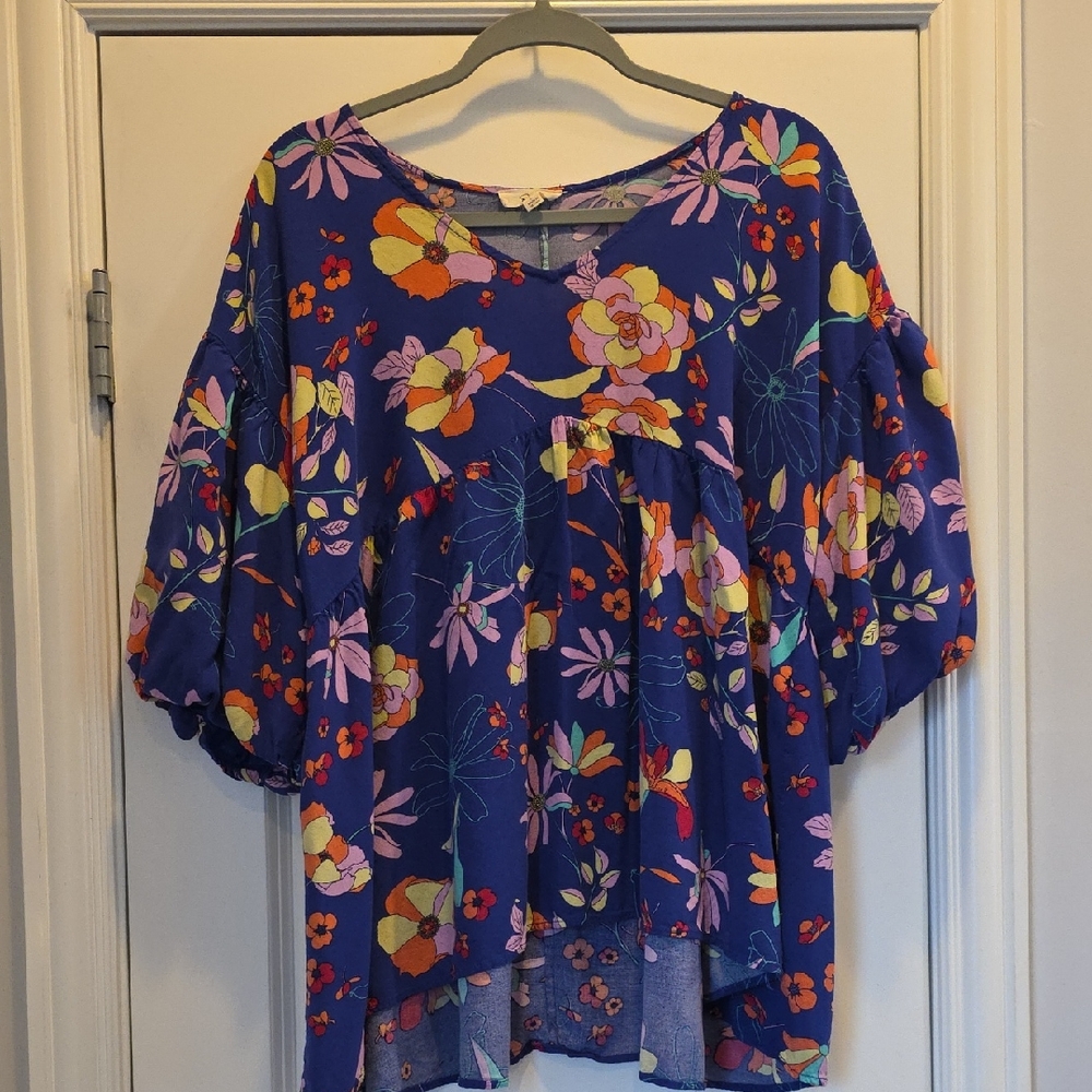 EUC Easel Large Vibrant Floral Blouse in Blue and Pink